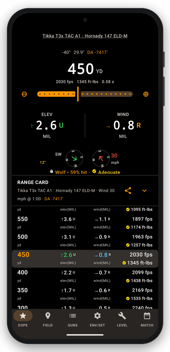 Wrist Dope on an Android phone: the 450-yard firing solution with the range card below it