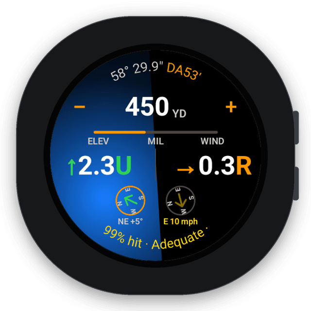 Wrist Dope Live Fire on a Galaxy Watch with the level overlay glowing across a canted screen