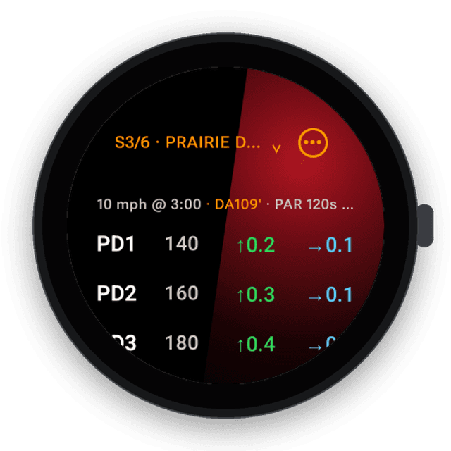 Wrist Dope match mode stage card on a Pixel Watch with the level overlay showing right cant