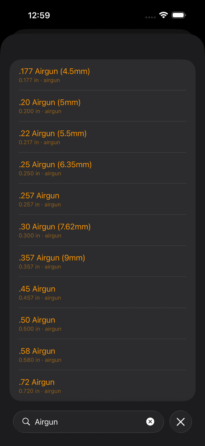 Wrist Dope cartridge picker on iPhone, searched for Airgun, listing eleven airgun bores from .177 to .72 with their bore diameters