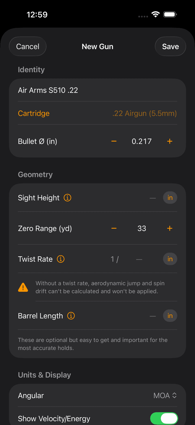 New Gun sheet on iPhone with cartridge .22 Airgun 5.5mm, bullet diameter 0.217 in and zero range 33 yards already filled in