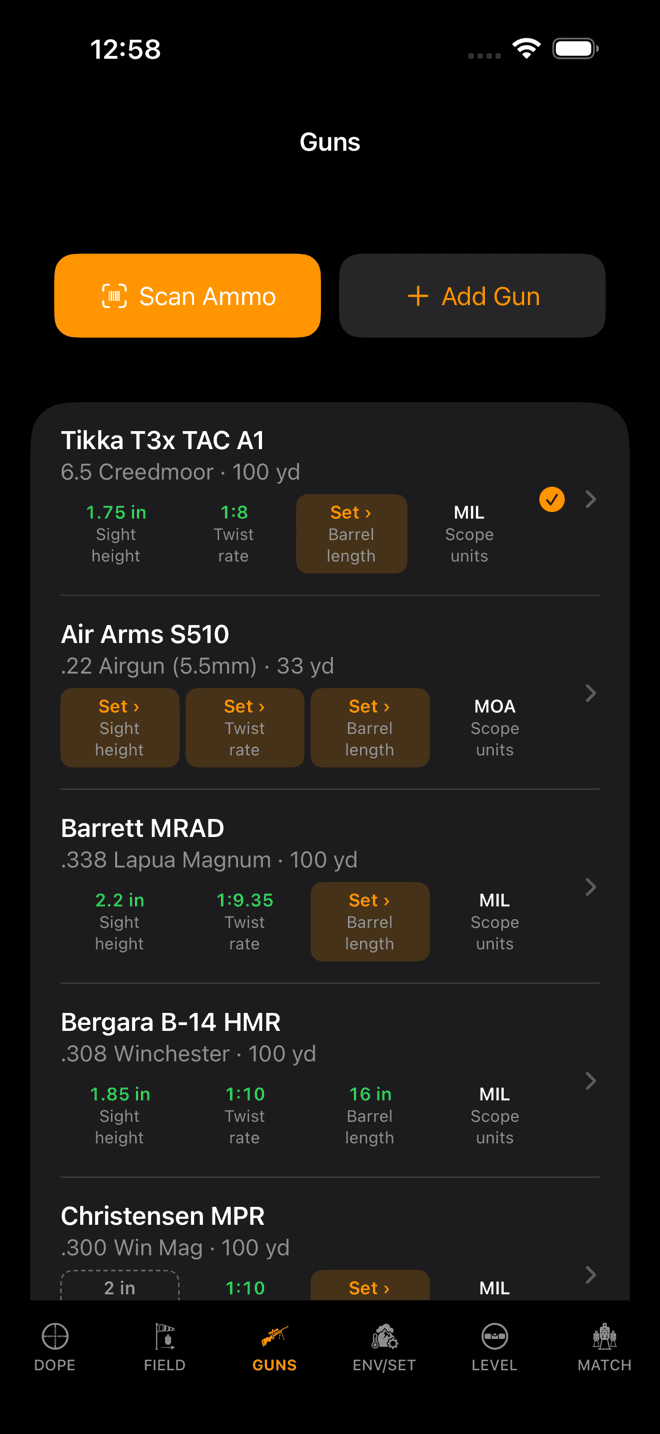 Wrist Dope Guns list on iPhone with an Air Arms S510 in .22 Airgun at 33 yd sitting between a Tikka 6.5 Creedmoor and a Barrett .338