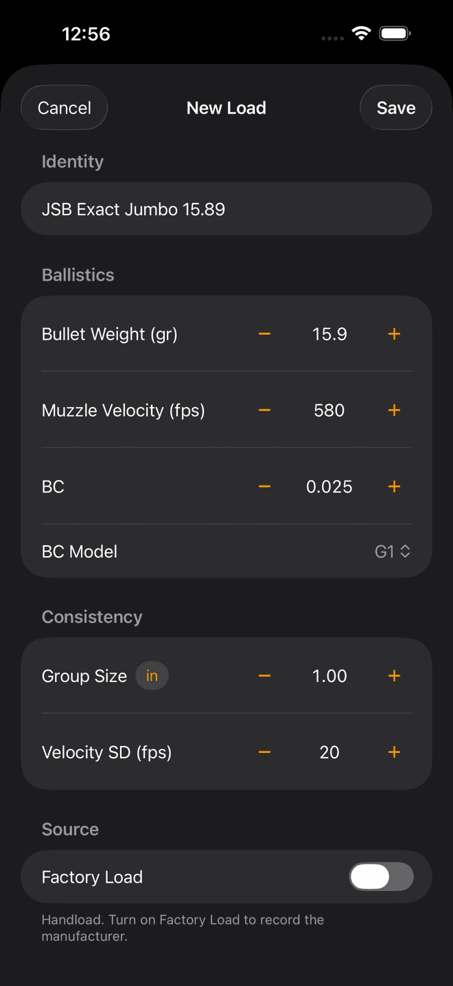 New Load sheet on iPhone for the airgun showing bullet weight 15.9 grains, muzzle velocity 580 fps, BC 0.025 and BC model G1
