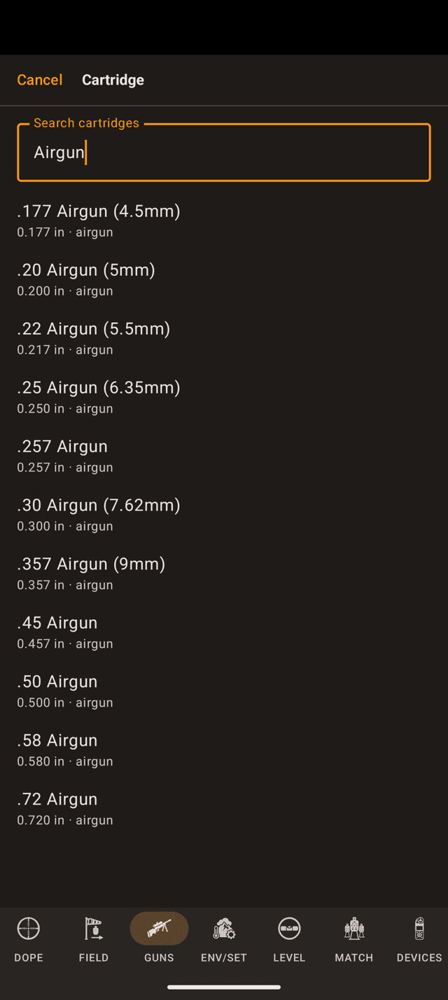 Wrist Dope cartridge picker on an Android phone, searched for Airgun, listing eleven airgun bores from .177 to .72 with their bore diameters