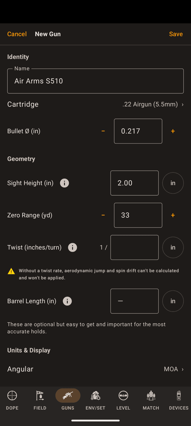 New Gun on an Android phone for an Air Arms S510 with cartridge .22 Airgun 5.5mm, bullet diameter 0.217 in, zero range 33 yards, a blank twist rate with its warning, and Angular set to MOA