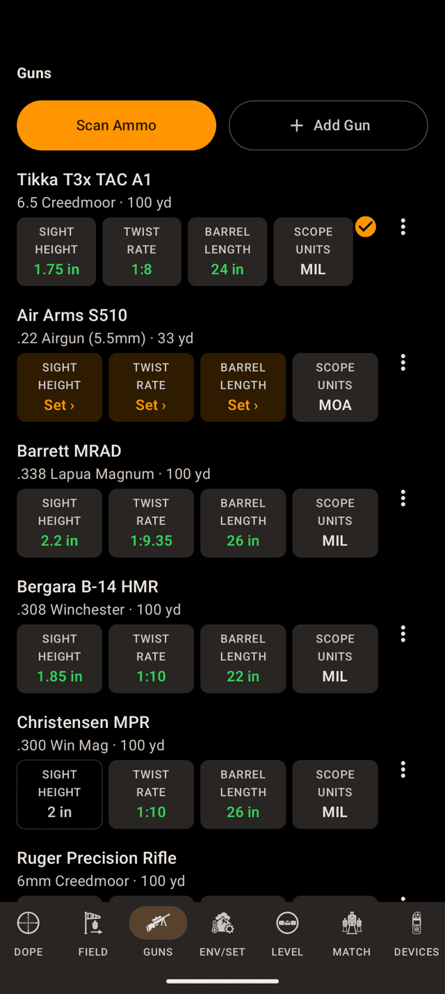 Wrist Dope GUNS page on an Android phone with an Air Arms S510 in .22 Airgun at 33 yd between a Tikka and a Barrett, its sight height, twist and barrel chips reading Set and its scope units MOA