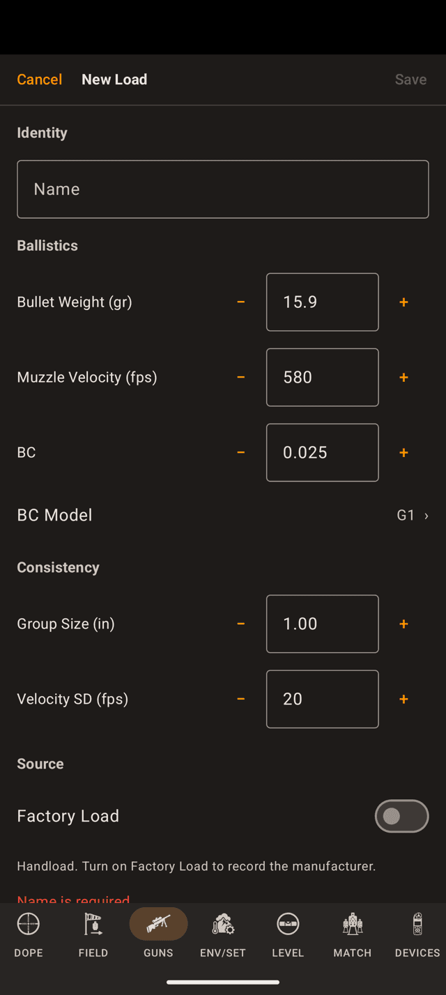 New Load on an Android phone for the airgun showing bullet weight 15.9 grains, muzzle velocity 580 fps, BC 0.025 and BC model G1, with a Name is required note because the name is still empty