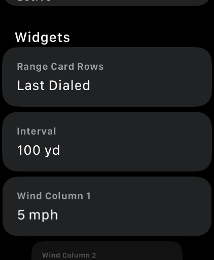 Wrist Dope watch Settings scrolled to the Widgets section, showing Range Card Rows set to Last Dialed, Interval 100 yd and Wind Column 1 at 5 mph