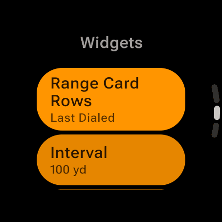 Wrist Dope watch Settings on Wear OS showing the Widgets section with Range Card Rows set to Last Dialed and Interval 100 yards