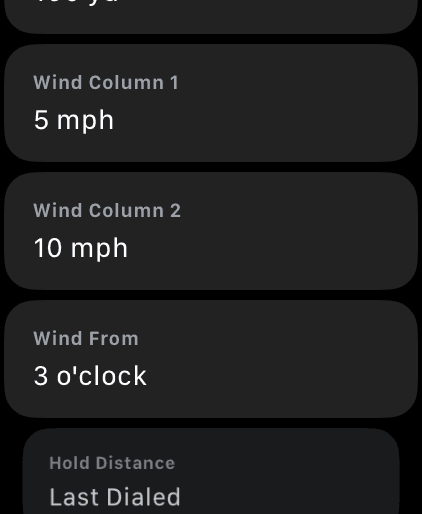 Wrist Dope watch Settings showing Wind Column 1 at 5 mph, Wind Column 2 at 10 mph, Wind From 3 o'clock and Hold Distance set to Last Dialed