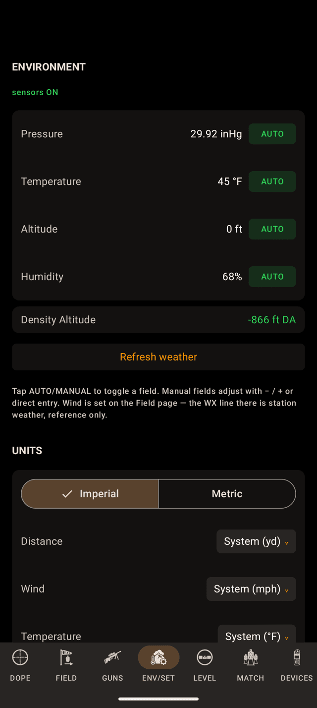 Wrist Dope ENV/SET page on an Android phone showing pressure, temperature, altitude and humidity rows each with a green AUTO chip, a density altitude readout and a Refresh weather button