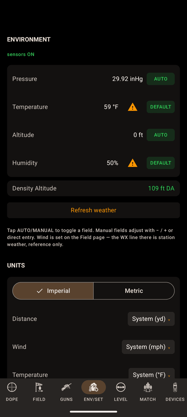 Wrist Dope ENV/SET page on an Android phone with Temperature at 59 °F and Humidity at 50% each showing an orange triangle and a DEFAULT chip, and Pressure and Altitude on AUTO