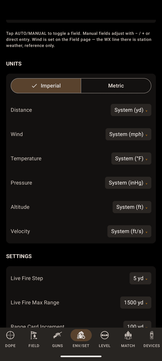 Wrist Dope ENV/SET page on an Android phone showing the UNITS section with an Imperial and Metric switch above six System unit rows for distance, wind, temperature, pressure, altitude and velocity