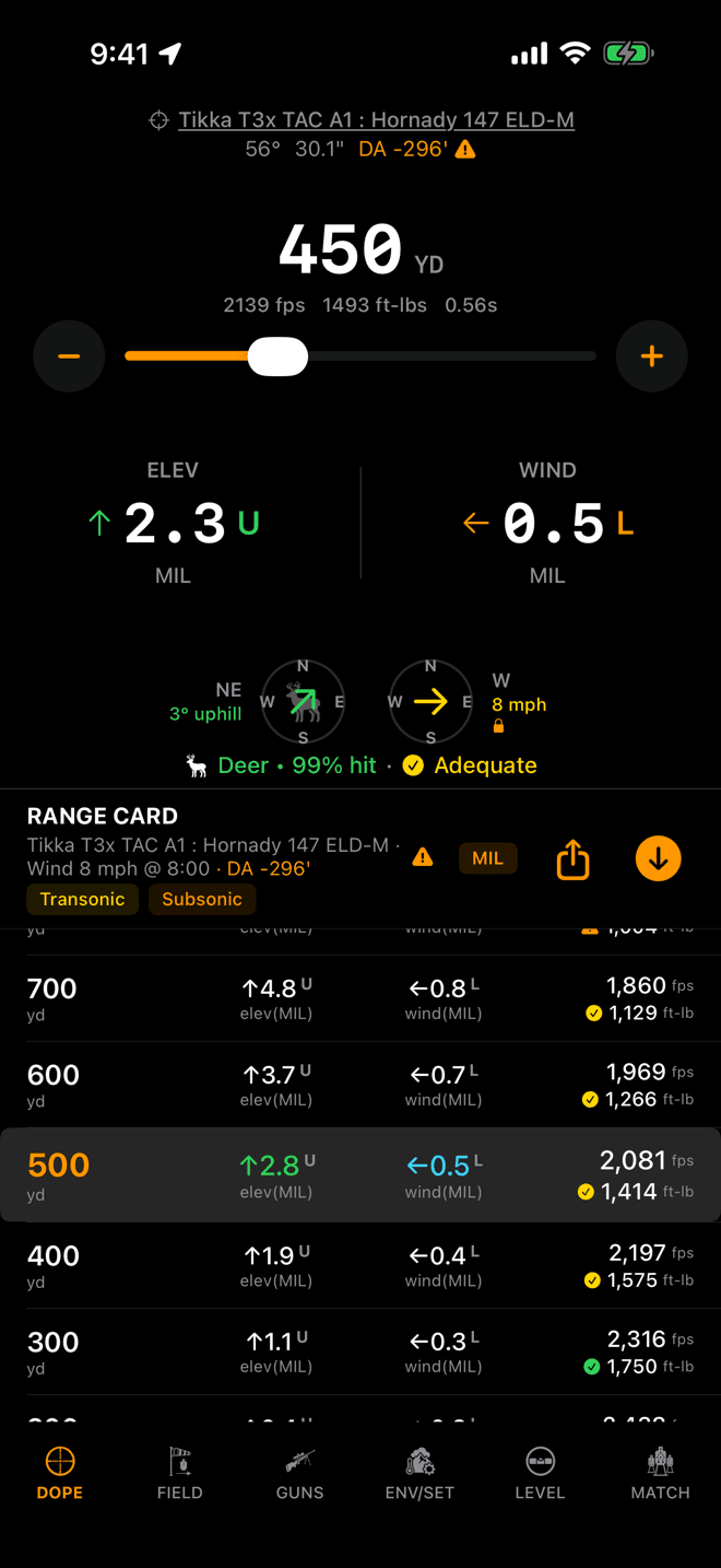 Wrist Dope DOPE page on iPhone with an orange warning triangle beside the density altitude in both the Live Fire header and the range card header