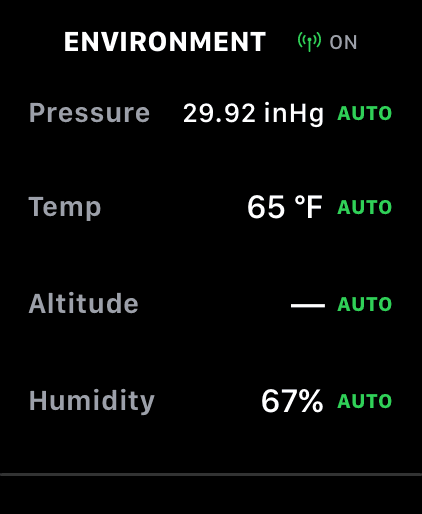 Wrist Dope Environment page on Apple Watch with pressure, temperature, altitude and humidity rows, each marked AUTO in green