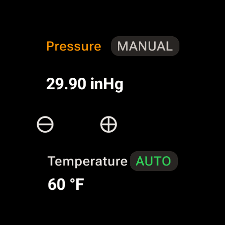 Wrist Dope ENV page on a round Wear OS watch with Pressure switched to MANUAL at 29.90 inHg and minus and plus buttons under it, and Temperature on AUTO