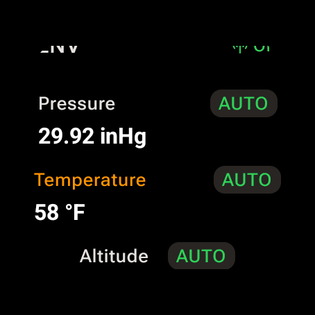 Wrist Dope ENV page on a Wear OS watch with Pressure 29.92 inHg and Temperature 58 degrees, both on AUTO