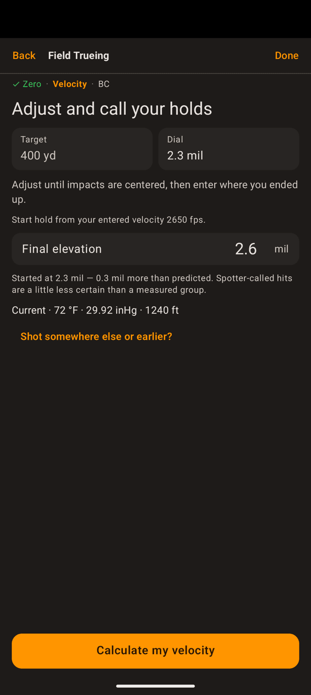 Adjust and call your holds screen on an Android phone with a Final elevation field reading 2.6 mil and a note that it started at 2.3 mil, 0.3 mil more than predicted