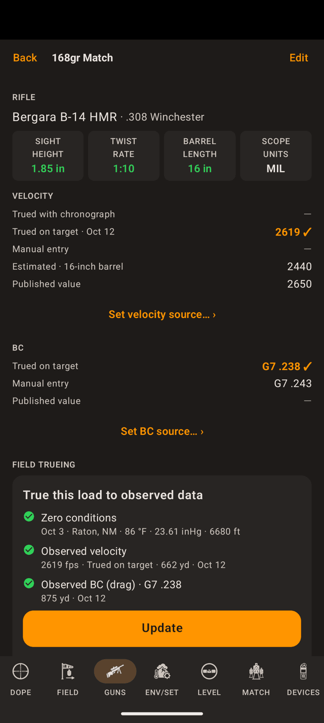 Load page on an Android phone after trueing with the velocity ladder showing Trued on target 2619 in use, the BC ladder showing a trued G7 .238, and the Field Trueing card with three green checks and Update