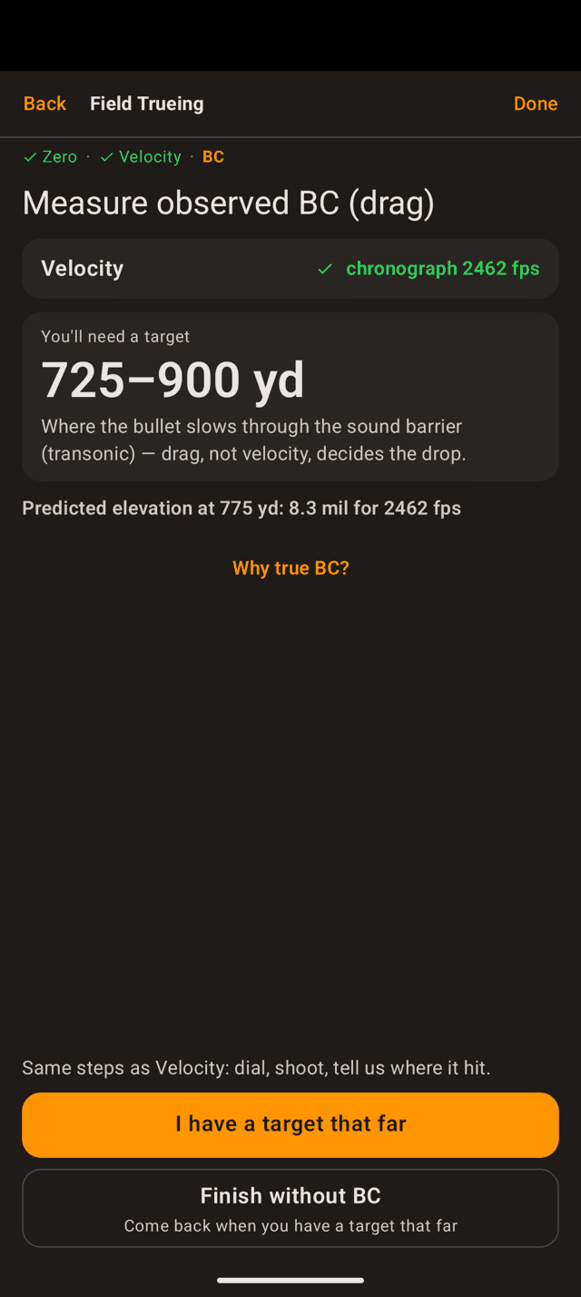 Measure observed BC screen on an Android phone showing velocity confirmed by chronograph at 2462 fps, a target range of 725 to 900 yards, the predicted elevation at 775 yards, and buttons for I have a target that far and Finish without BC