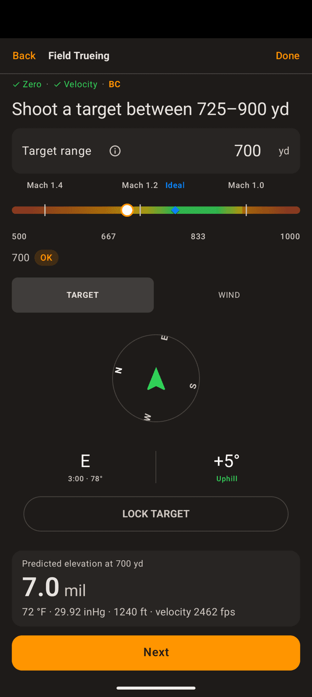 Shoot a target between 725 and 900 yards screen for BC on an Android phone with a range band marked Mach 1.4, Mach 1.2, Ideal and Mach 1.0, a 700 yard target, and the predicted elevation