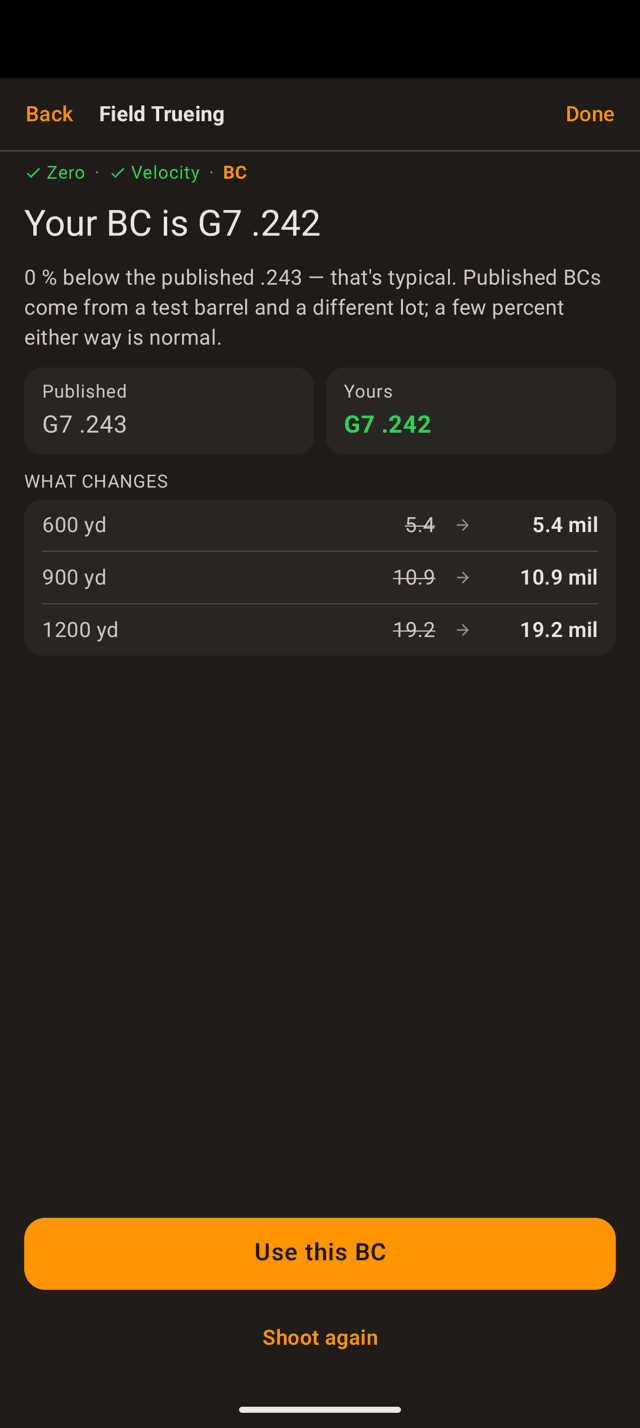 Your BC is G7 .242 result screen on an Android phone with Published G7 .243 and Yours G7 .242 tiles and a What changes table at 600, 900 and 1200 yards