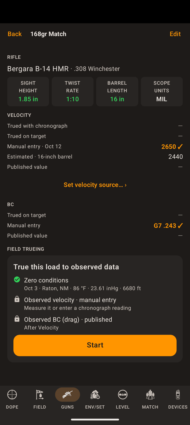 Wrist Dope load page on an Android phone for a 168 grain load on a .308 rifle, with velocity and BC ladders and the Field Trueing card: a green check on zero conditions, padlocks on observed velocity and observed BC, and an orange Start button