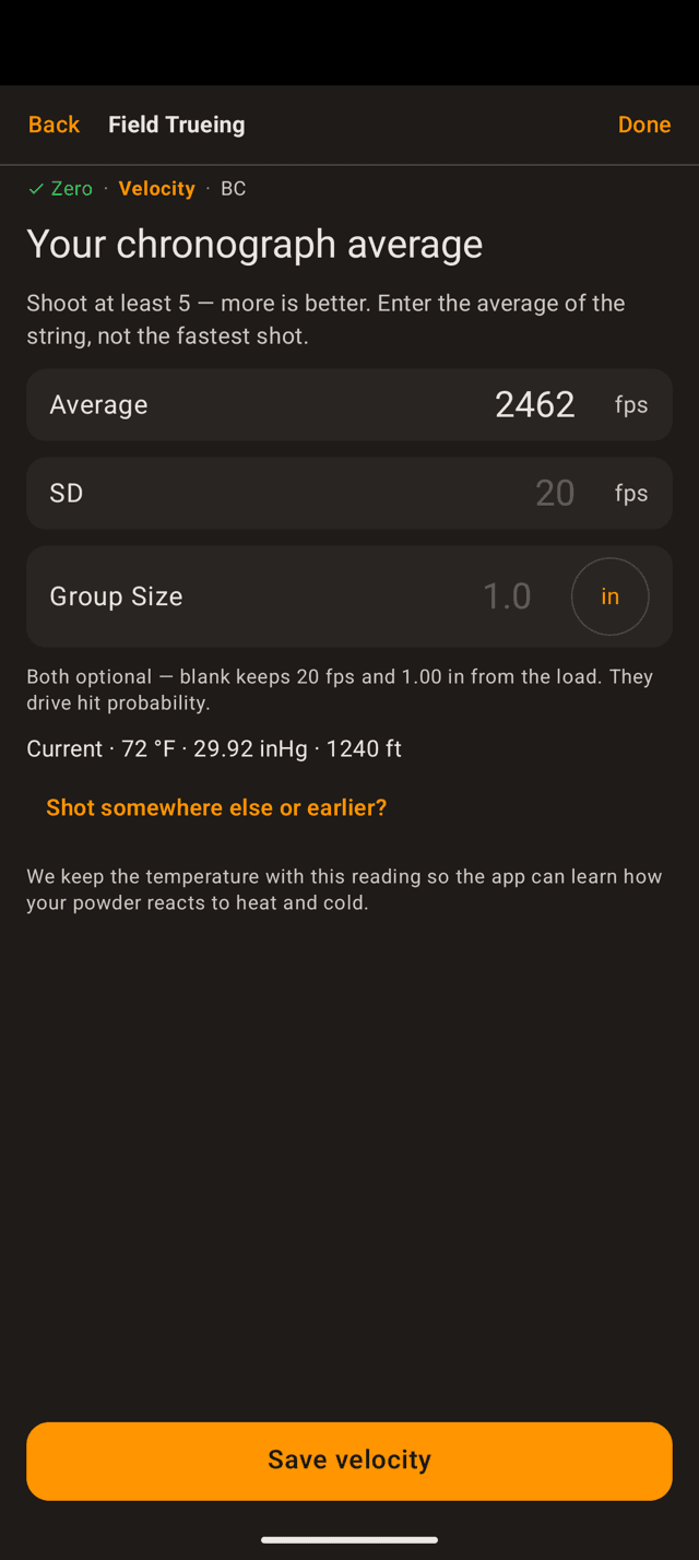 Your chronograph average screen on an Android phone with Average 2462 fps, SD 20 and Group Size 1.0 inch, a current conditions line, a note that the temperature is kept with the reading, and Save velocity