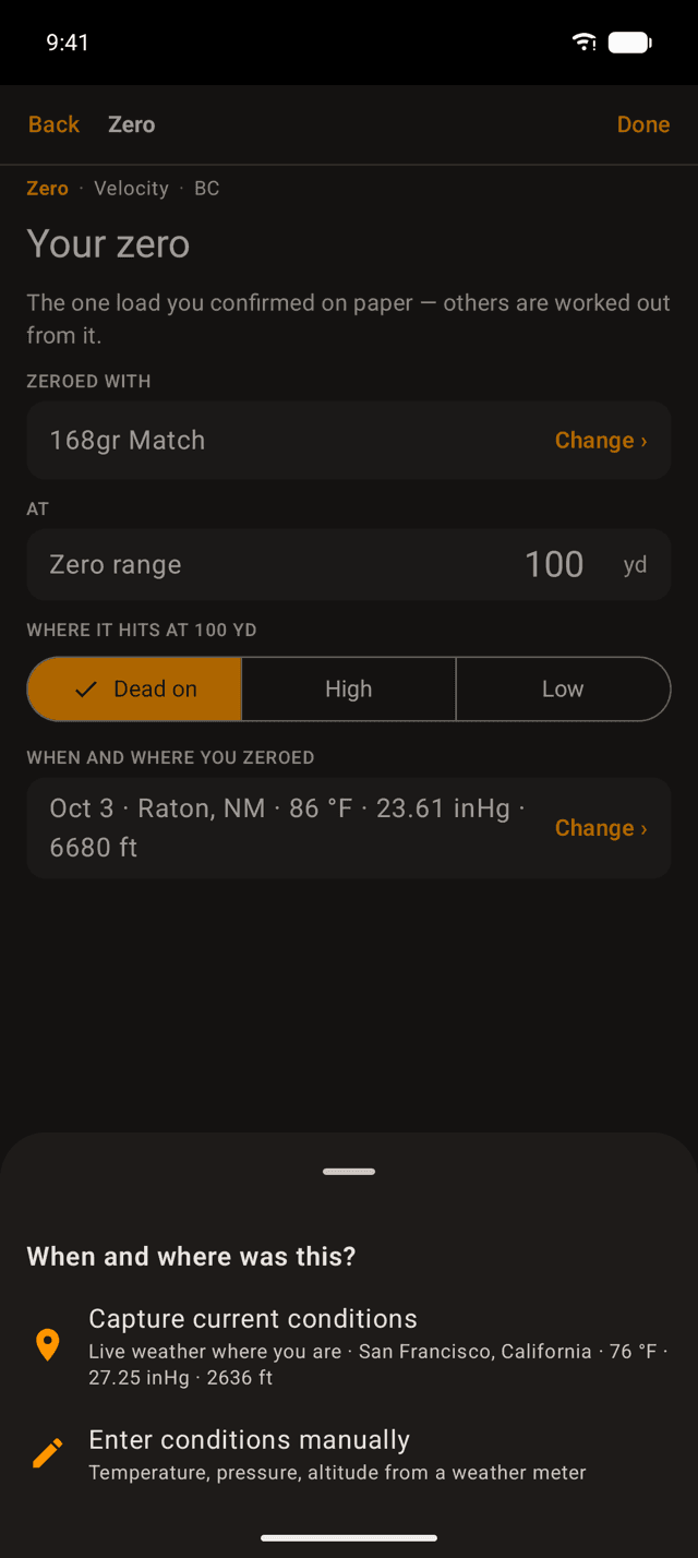 When and where was this sheet on an Android phone, with Capture current conditions showing live weather for the current place, and Enter conditions manually