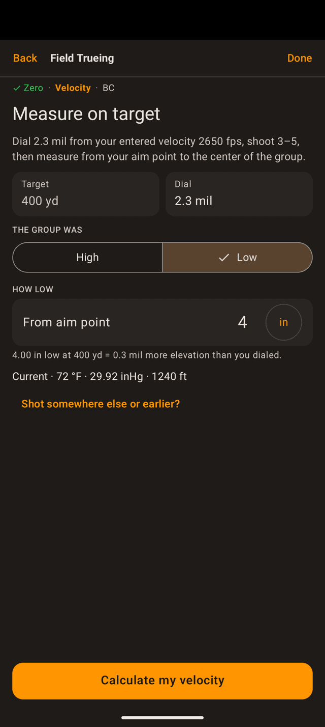 Measure on target screen on an Android phone with a 400 yard target and a 2.3 mil dial, the group set to Low, a From aim point field reading 4 inches, and a live line converting it to 0.3 mil