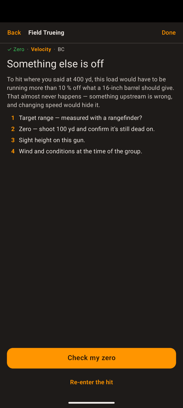 Something else is off screen on an Android phone explaining the load would have to be running more than 10 percent off what a 16-inch barrel should give, with a four-item checklist and Check my zero and Re-enter the hit buttons