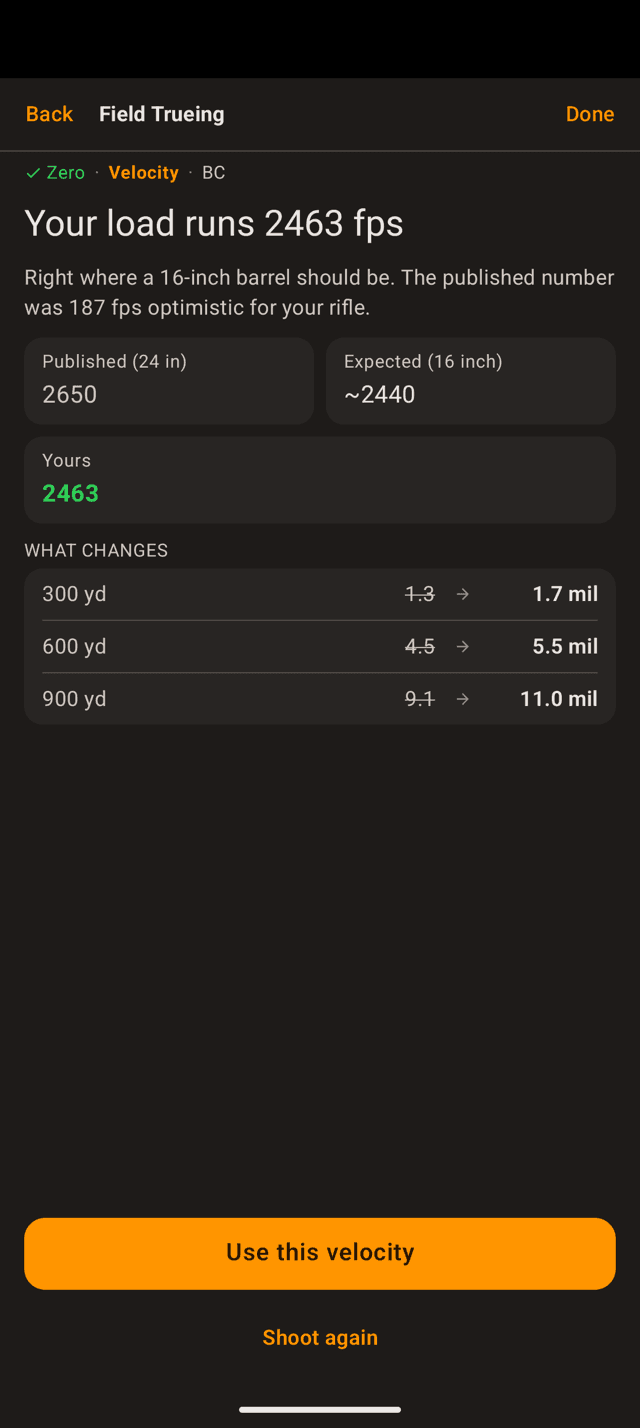 Your load runs 2463 fps result screen on an Android phone with Published, Expected and Yours tiles and a What changes table at 300, 600 and 900 yards, with Use this velocity and Shoot again