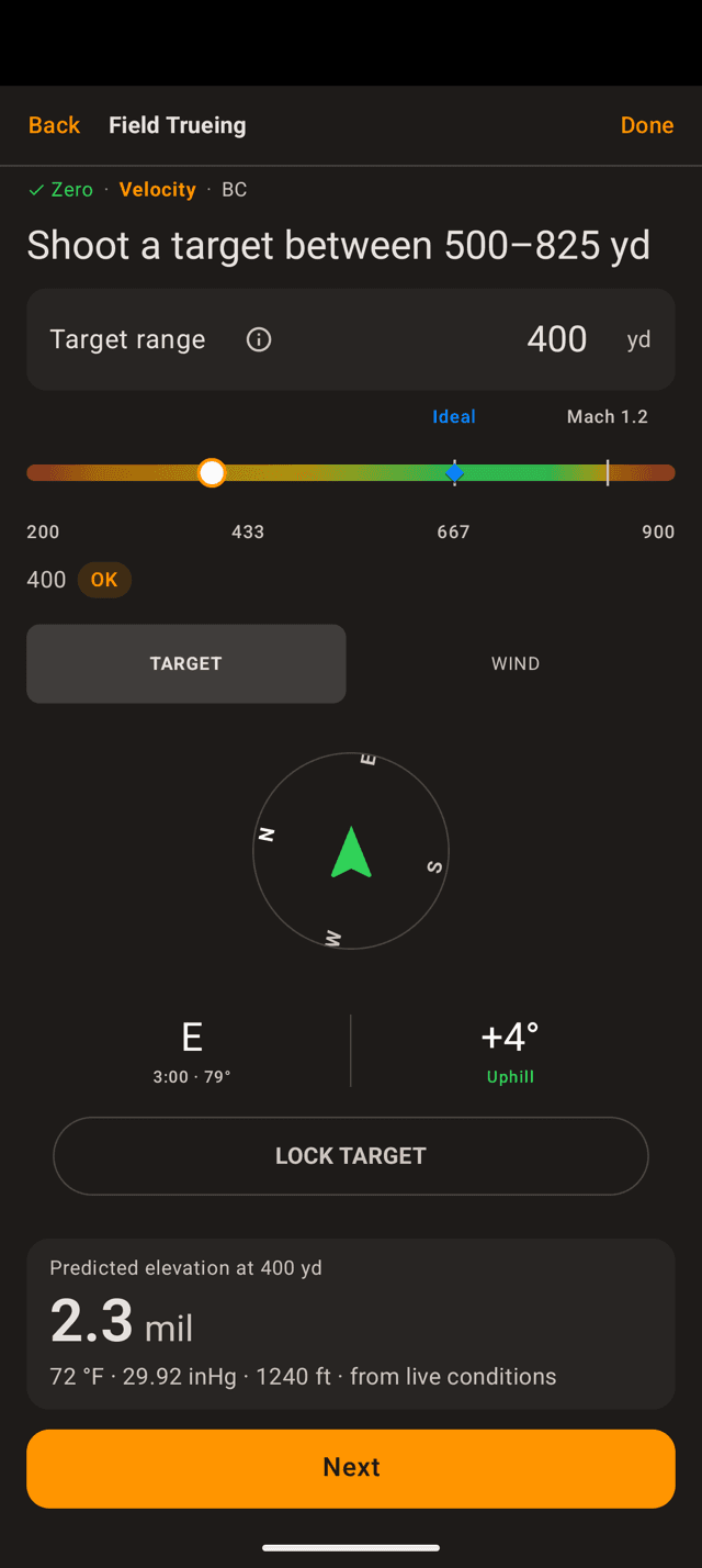 Shoot a target between 500 and 825 yards screen on an Android phone with a 400 yard target range, a coloured band with Ideal and Mach 1.2 marks, target and wind panes, and the predicted elevation at 400 yards