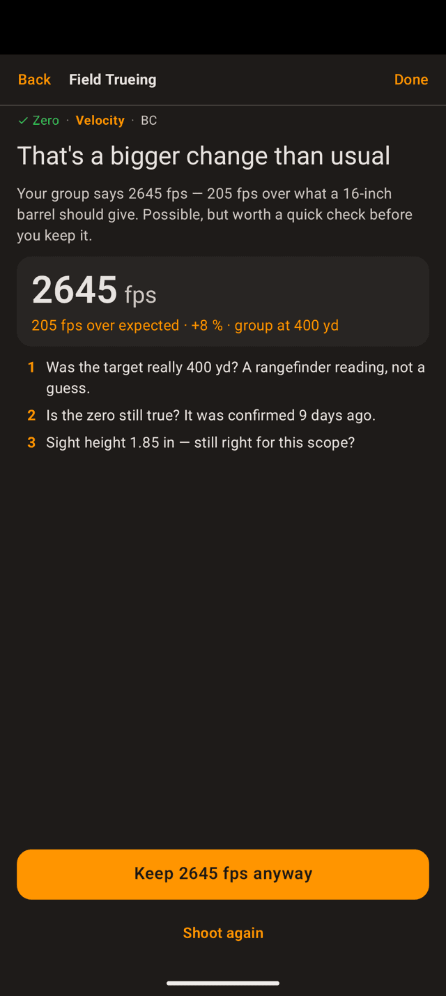 That's a bigger change than usual screen on an Android phone showing 2645 fps, 205 fps over expected, a three-item checklist, and Keep 2645 fps anyway and Shoot again buttons
