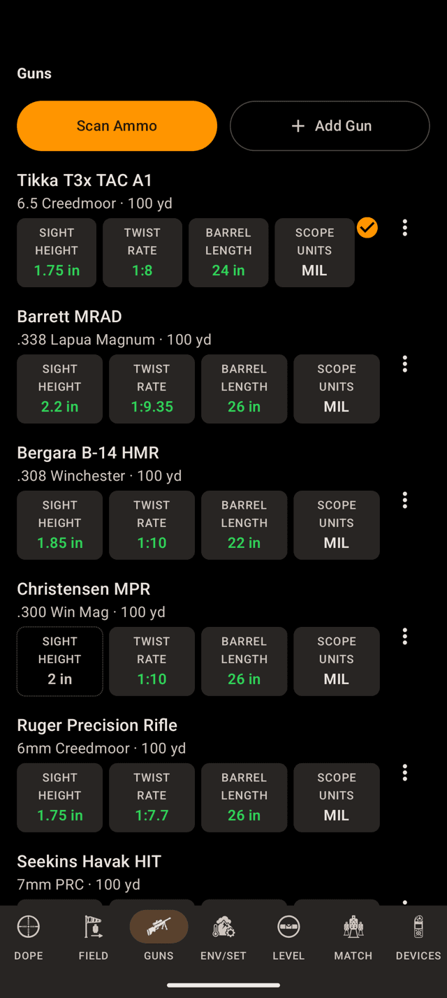 Wrist Dope Guns page on an Android phone with Scan Ammo and Add Gun buttons and six rifles, each with sight height, twist rate, barrel length and scope units chips, and one chip still on the 2 inch default