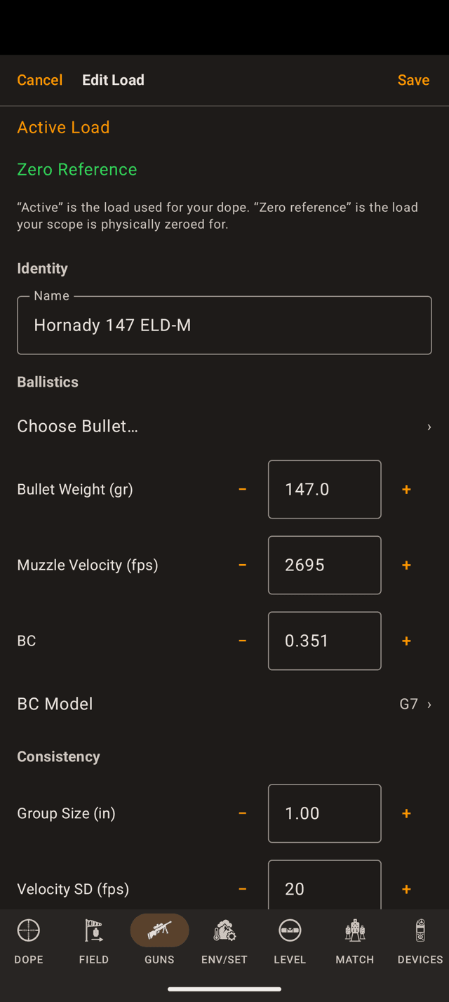 Edit Load on an Android phone marked Active Load and Zero Reference, with Identity, Ballistics and Consistency sections and a group size of 1.00 inch and velocity SD of 20 fps