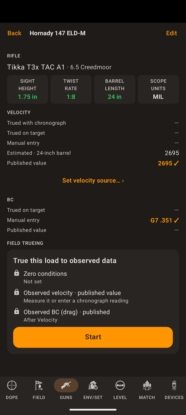 A load's page on an Android phone showing the rifle chips, a velocity ladder with an estimated row for a 24 inch barrel and a ticked published value, a BC ladder, and the Field Trueing card