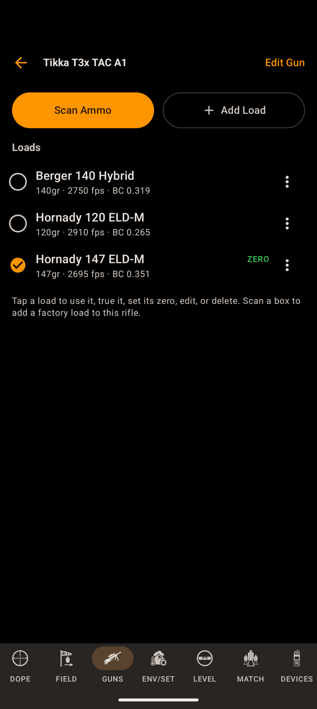 A rifle's page on an Android phone with Edit Gun, Scan Ammo and Add Load, and three loads, one with an orange check and one with a green ZERO badge