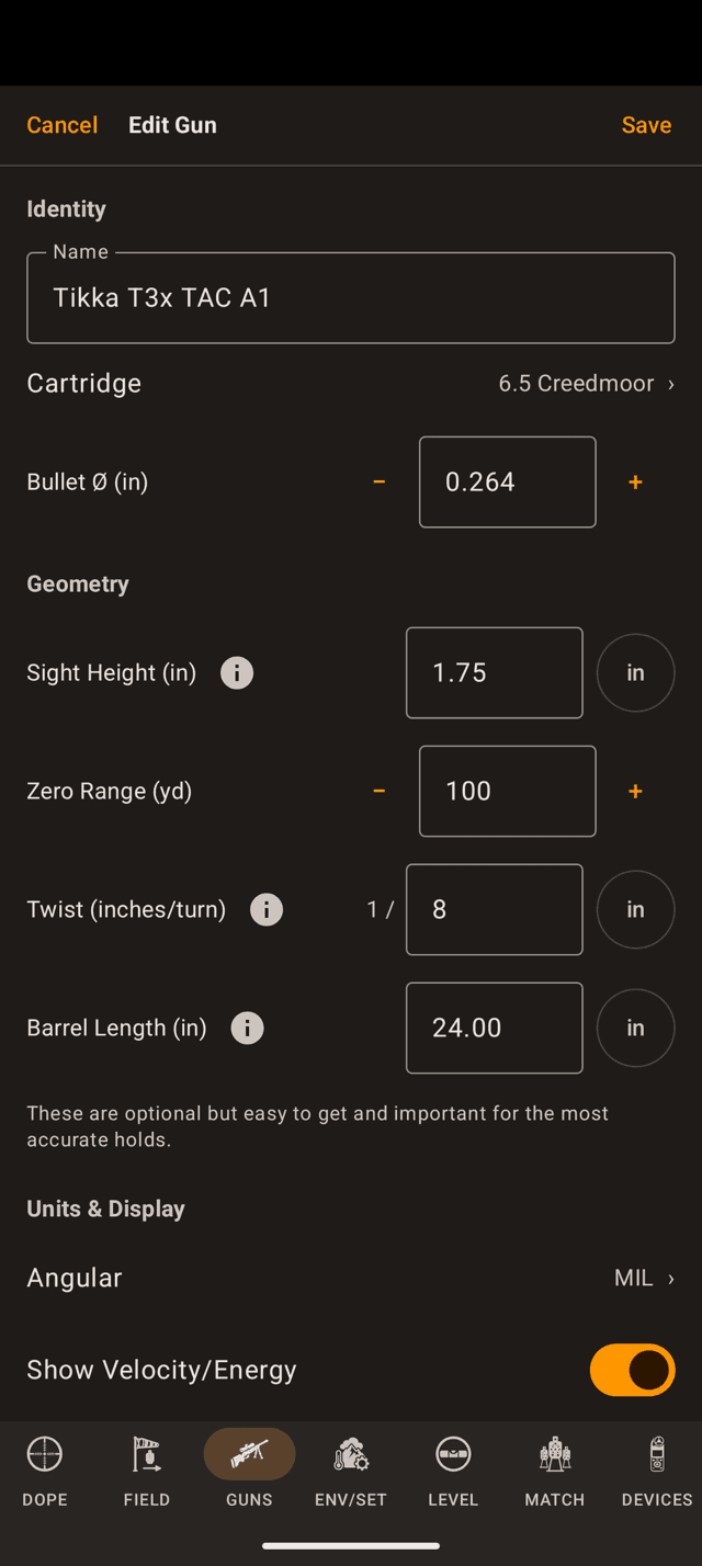 Edit Gun on an Android phone with Identity, Geometry and Units and Display sections, unit chips beside sight height, twist and barrel length, and Angular set to MIL