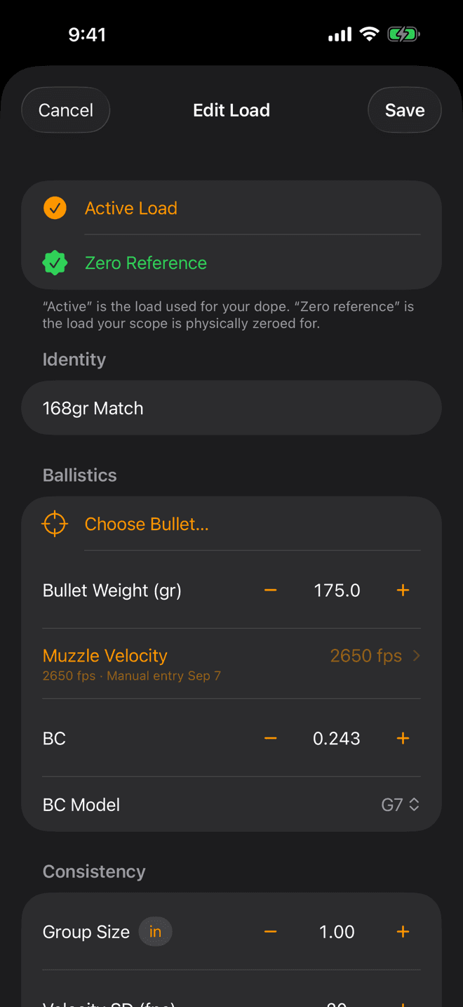Edit Load sheet on iPhone showing Active Load and Zero Reference badges, Identity, Ballistics and Consistency sections