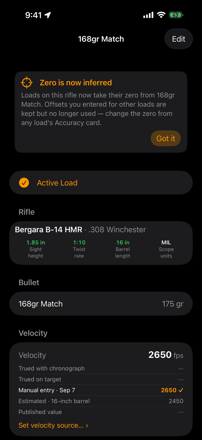 A load's detail page on iPhone showing the rifle chips, the bullet, and a velocity ladder with chronograph, trued, manual, estimated and published rows
