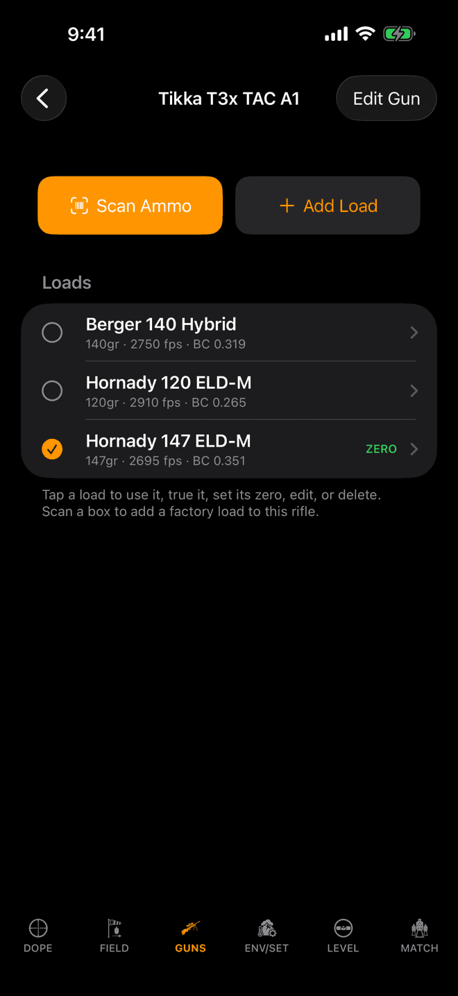 A rifle's load list on iPhone showing three loads, one marked active with an orange checkmark and a green ZERO badge