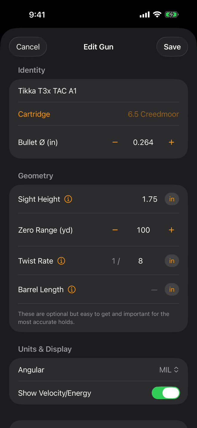 Edit Gun sheet on iPhone with Identity, Geometry and Units and Display sections