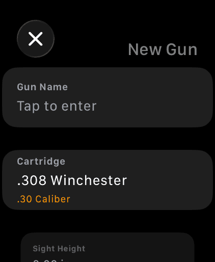 Wrist Dope New Gun editor on Apple Watch showing Gun Name, Cartridge and Sight Height rows