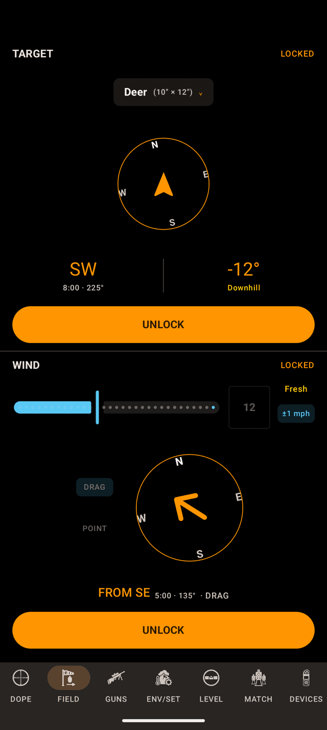 Wrist Dope FIELD page on an Android phone with the TARGET pane locked on a Deer 10 by 12 inch preset, a southwest bearing 12 degrees downhill, and a plus or minus 1 mph confidence chip on the WIND pane