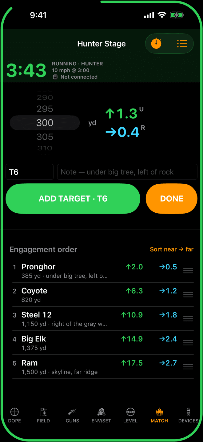 Wrist Dope iPhone hunter capture with the running clock, a range wheel at 300 yards beside the live hold, a name field T6 and a note field, ADD TARGET T6 and DONE, and an engagement order list of named targets with notes