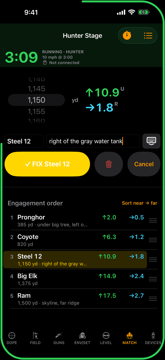 Wrist Dope iPhone hunter capture editing Steel 12 at 1,150 yards, with its name and note filled in, a yellow FIX Steel 12 button, a trash button and Cancel