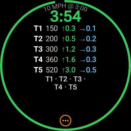 Wrist Dope Wear OS stage card for the hunter stage at 3:54 with five targets, their ranges and holds, and the order T1 to T5
