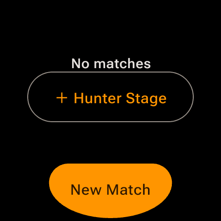Wrist Dope Wear OS Match page reading No matches with a Hunter Stage button and a New Match button