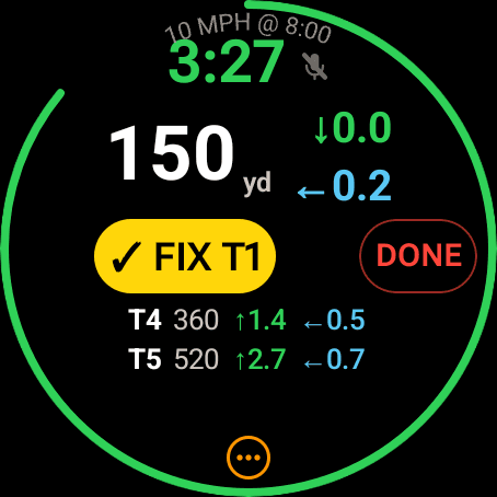 Wrist Dope Wear OS hunter capture fixing target T1 at 150 yards with a yellow FIX T1 button